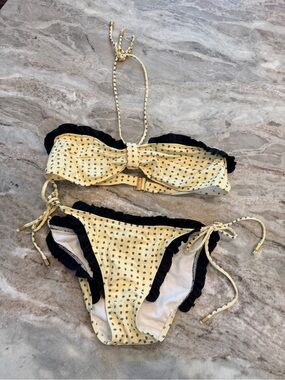 Brette Sandler Yellow Black Ruffle Bandeau Bikini Set Medium Tie Side
